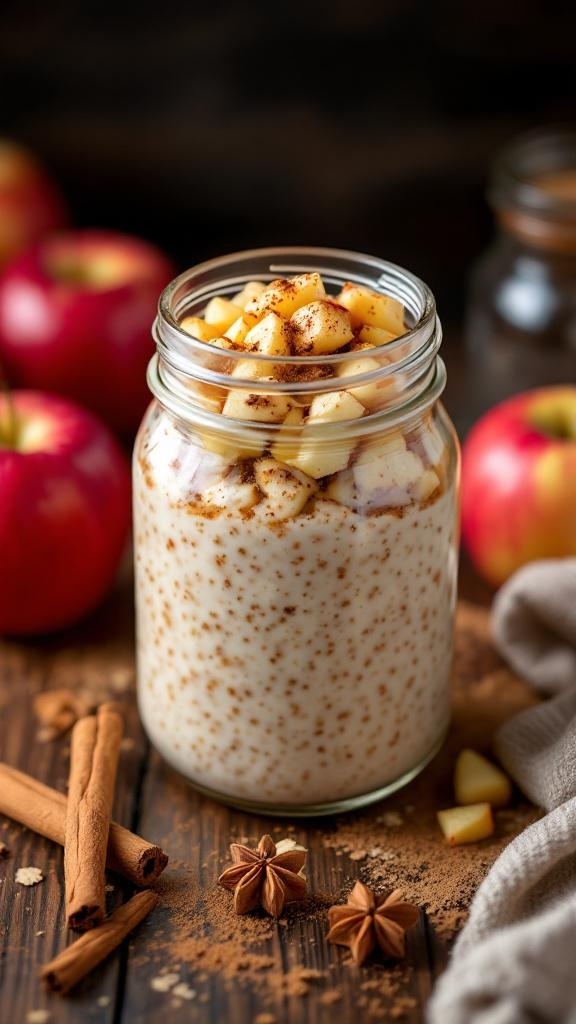 A jar of spiced apple cinnamon overnight oats topped with diced apples and surrounded by fresh apples and cinnamon sticks.
