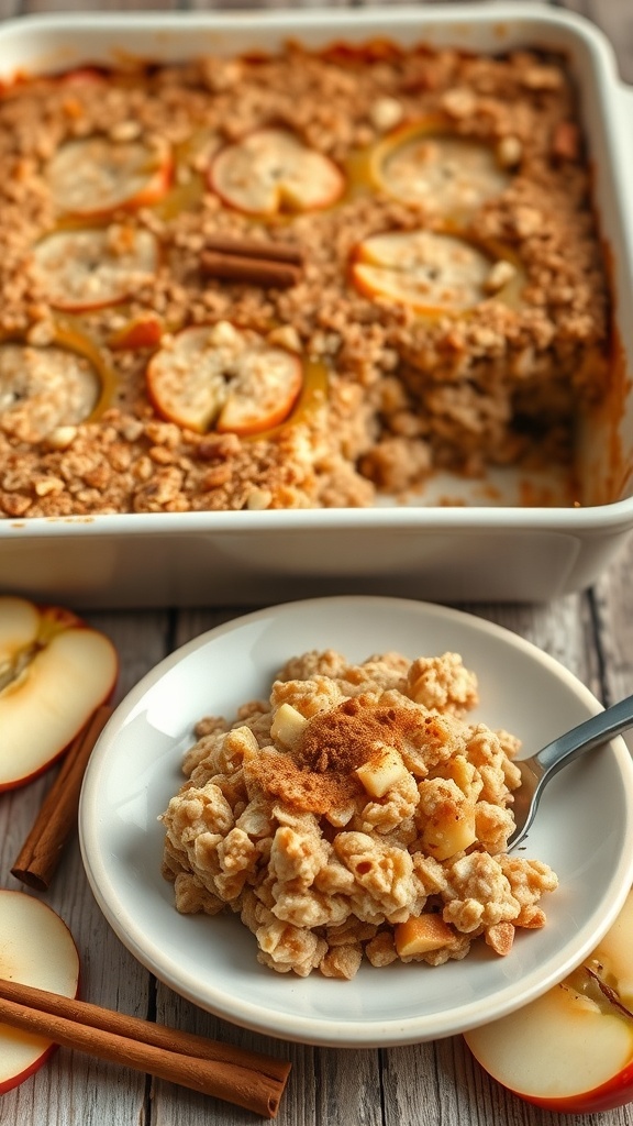 A delicious spiced apple oatmeal bake served in a dish with a portion on a plate, garnished with cinnamon.