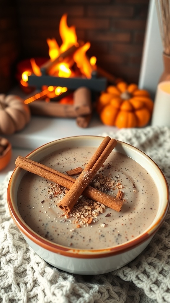A cozy bowl of spiced chai chia seed pudding with cinnamon sticks on top, set near a warm fireplace.