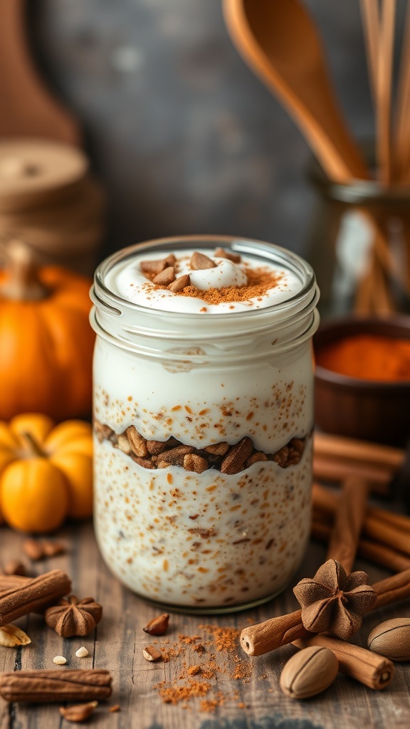 A jar of spiced chai overnight oats topped with yogurt and nuts, surrounded by autumn decorations.