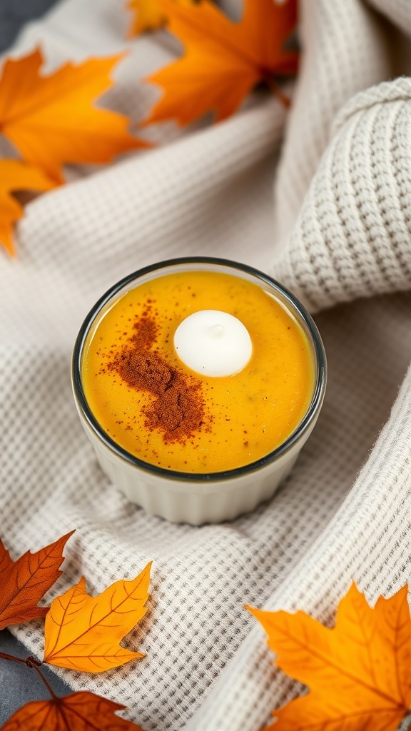 A bowl of spiced pumpkin chia pudding topped with whipped cream and cinnamon, surrounded by autumn leaves.