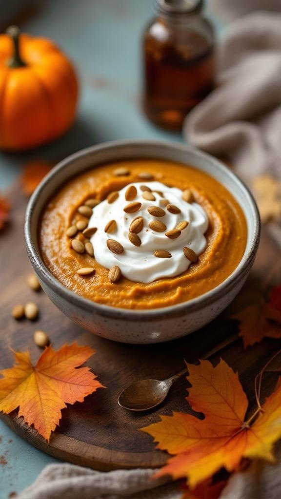 A bowl of spiced pumpkin chia pudding topped with whipped cream and pumpkin seeds, surrounded by autumn leaves and a small pumpkin.