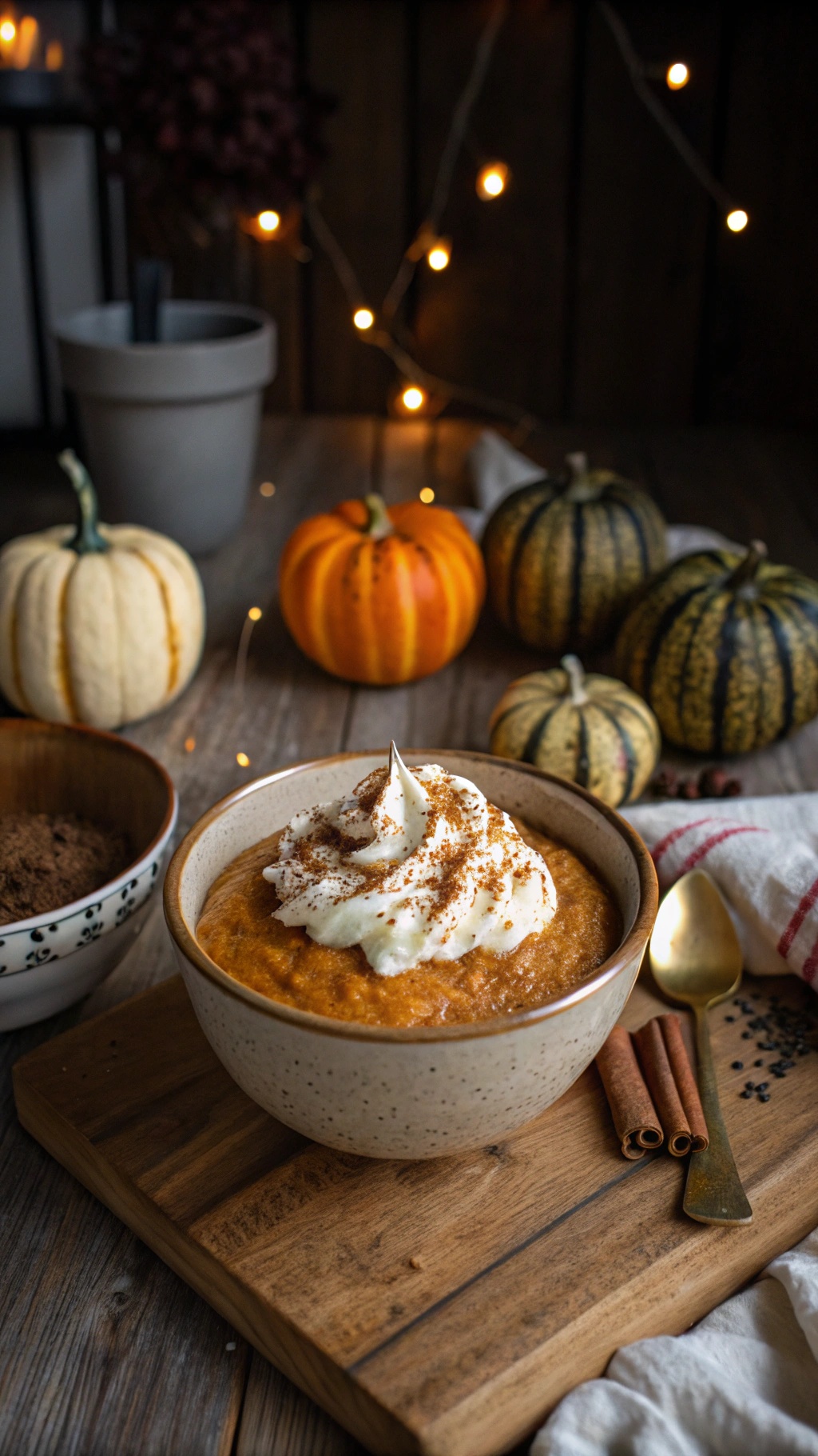 A cozy bowl of spiced pumpkin chia pudding topped with whipped cream and cinnamon, surrounded by decorative pumpkins.