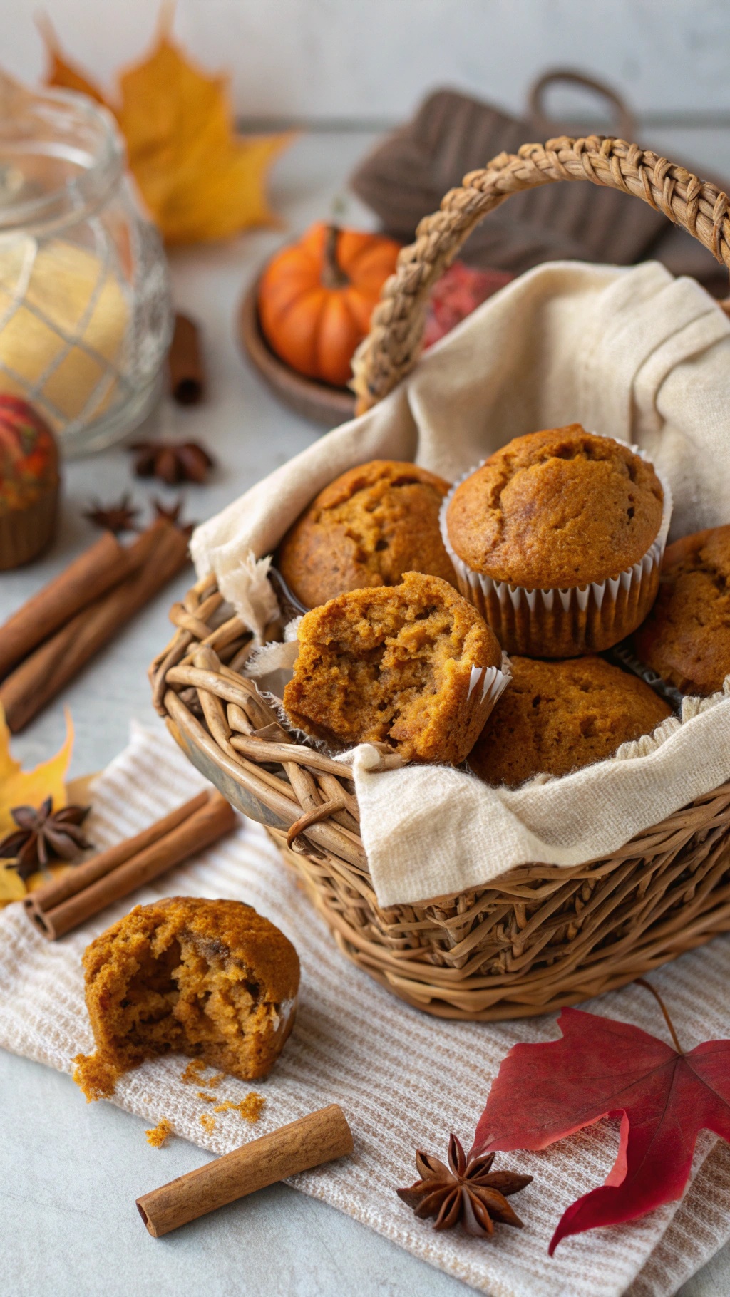 A basket filled with spiced pumpkin muffins surrounded by autumn leaves and cinnamon sticks.