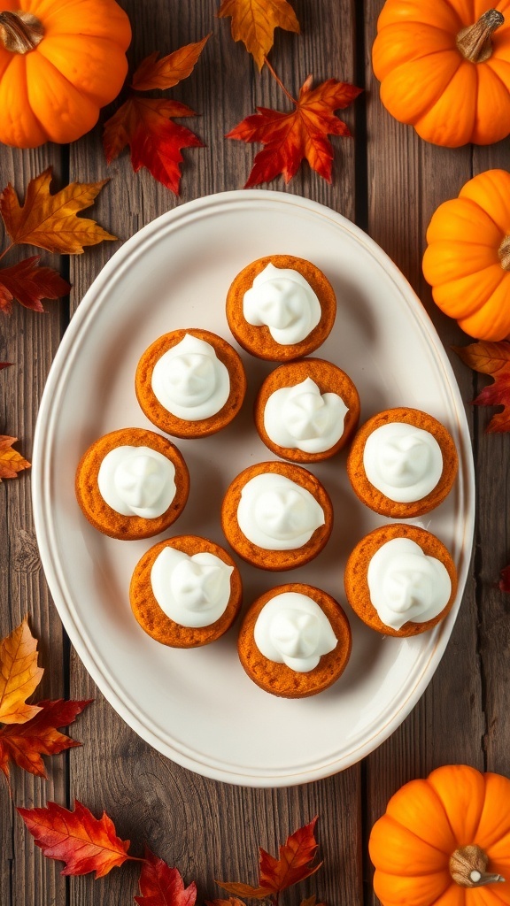 Spiced pumpkin pie bites on a plate with autumn decorations.
