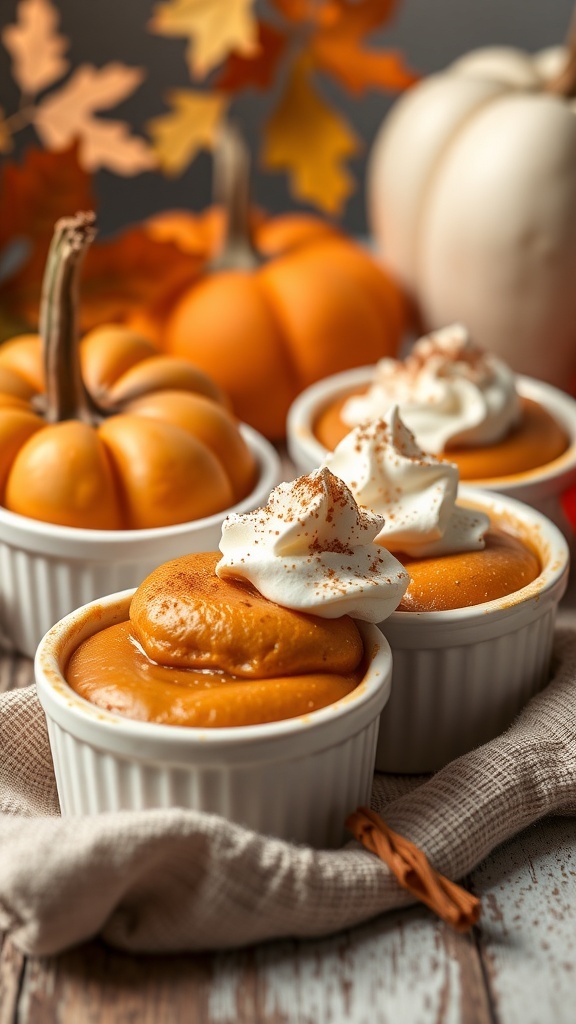 Spiced pumpkin pie cups topped with whipped cream, surrounded by pumpkins and autumn leaves.