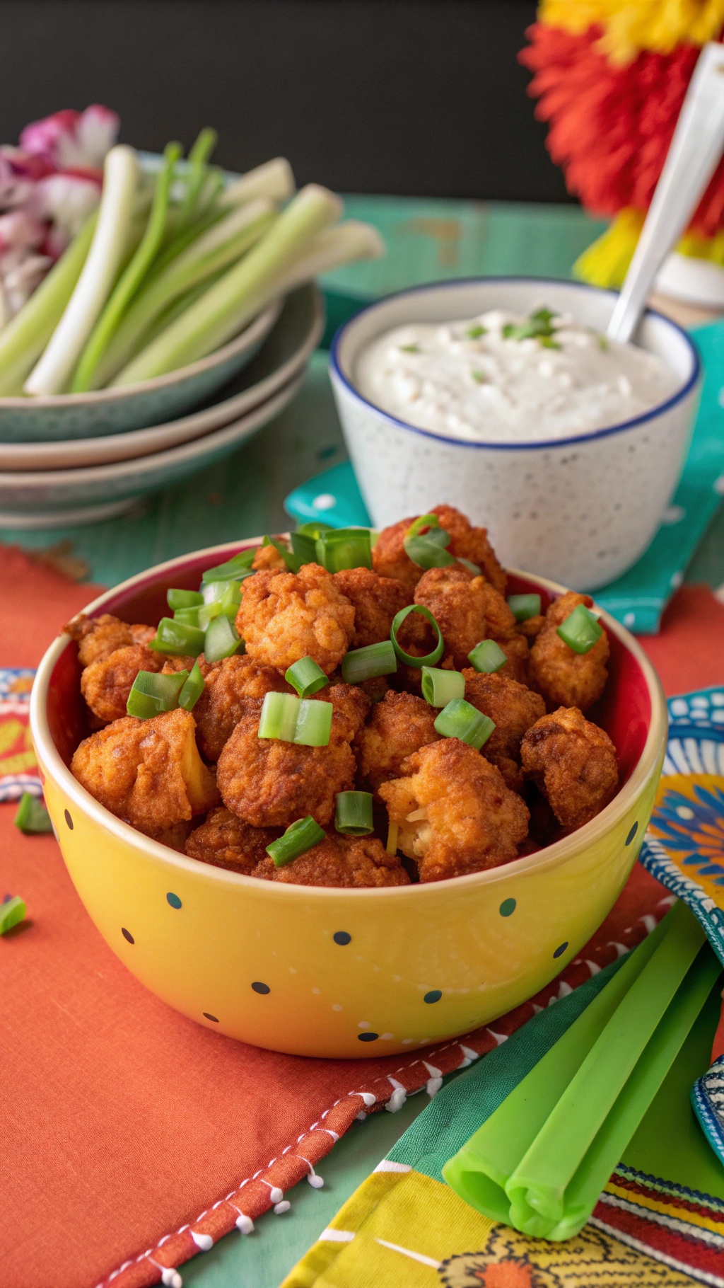 A bowl of spicy buffalo cauliflower bites garnished with green onions, served with a creamy dipping sauce and surrounded by colorful plates and napkins.