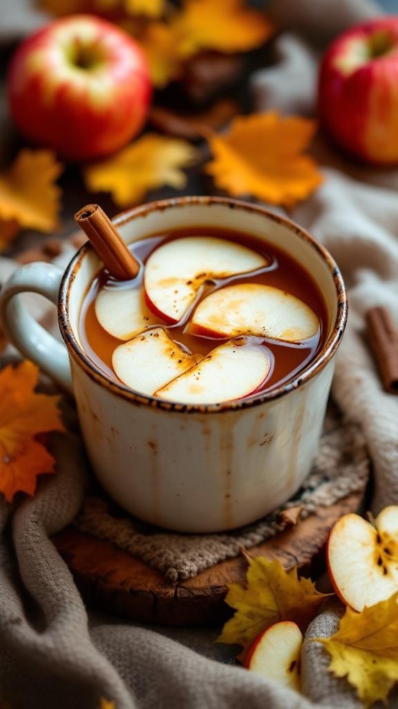 A warm cup of spicy apple cider vinegar tonic with apple slices and a cinnamon stick, surrounded by apples and autumn leaves.