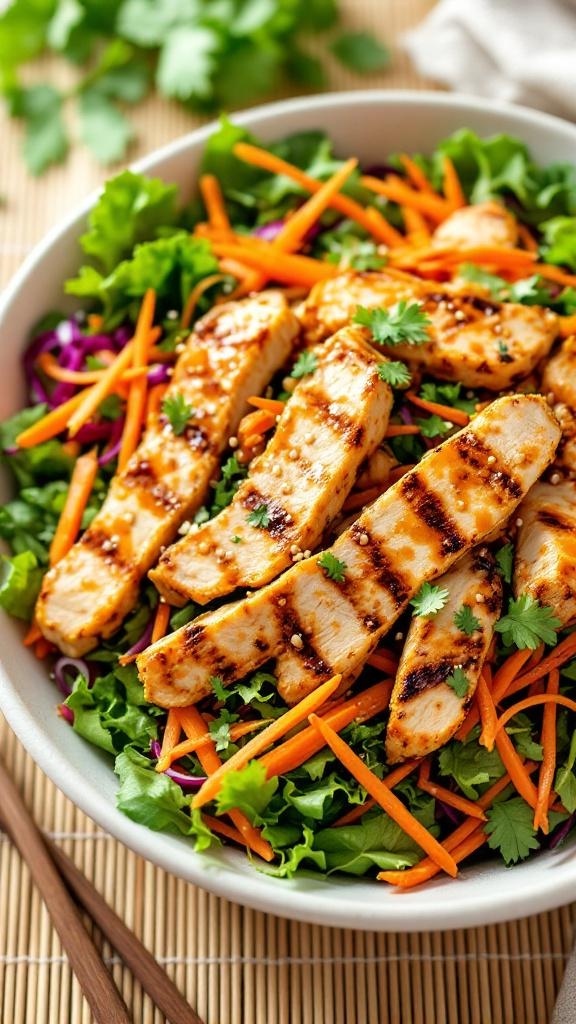 A vibrant bowl of Spicy Asian-Inspired Chicken Salad with grilled chicken, mixed greens, and colorful vegetables.