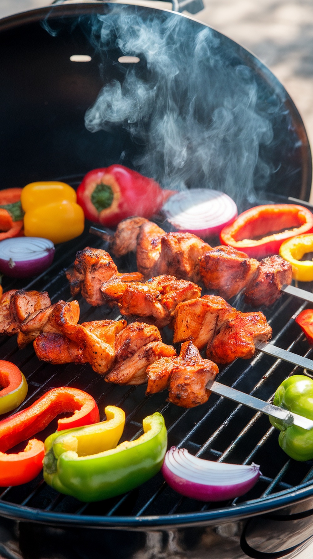 Grilled spicy BBQ chicken skewers with colorful bell peppers and onions on a grill.