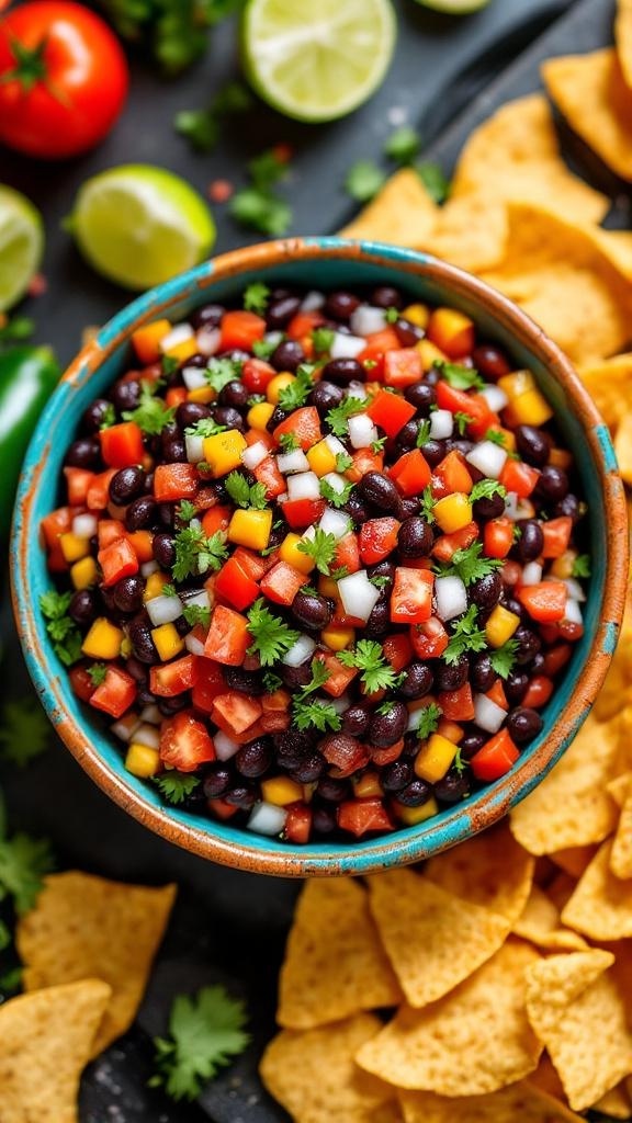 A colorful bowl of spicy black bean salsa with tortilla chips on the side.