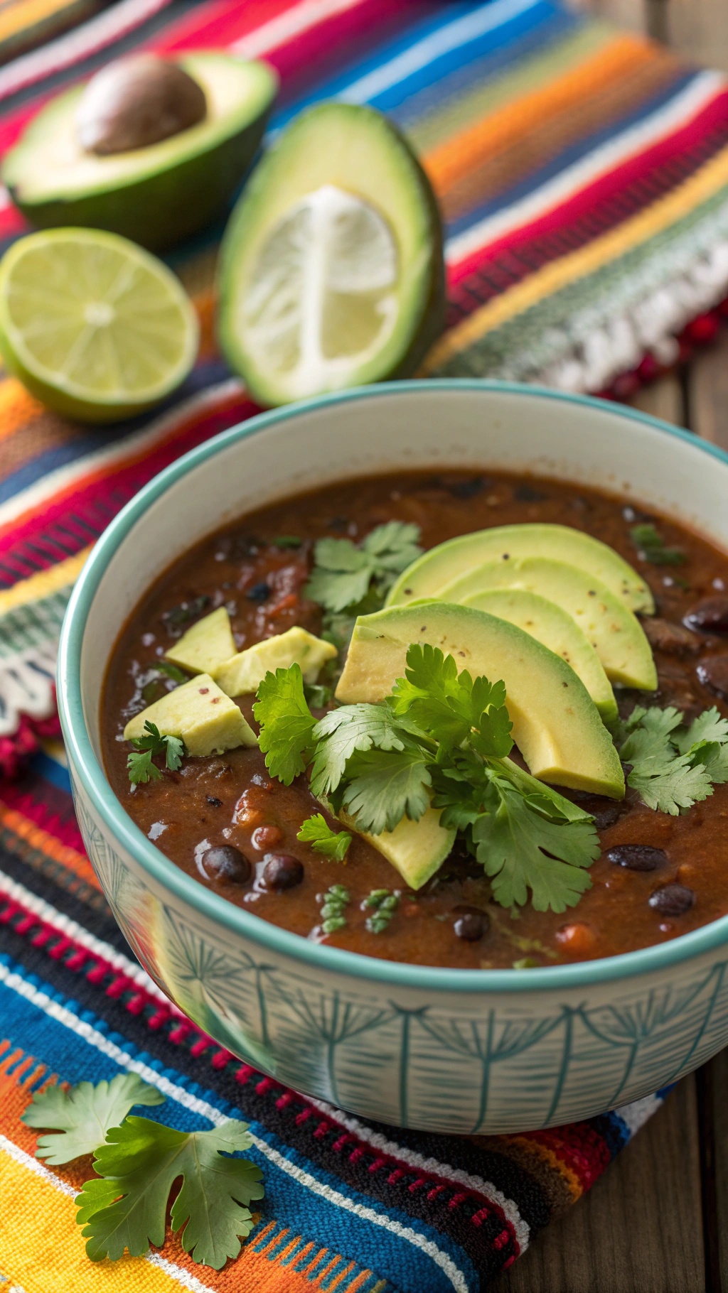 A bowl of spicy black bean soup topped with avocado and cilantro, with colorful fabric in the background.