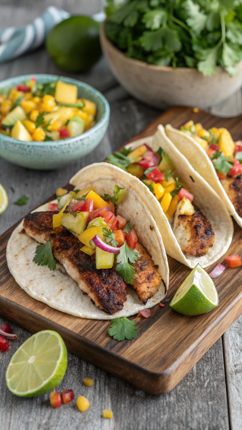 Spicy blackened tilapia tacos topped with mango salsa, served on a wooden platter with lime wedges.