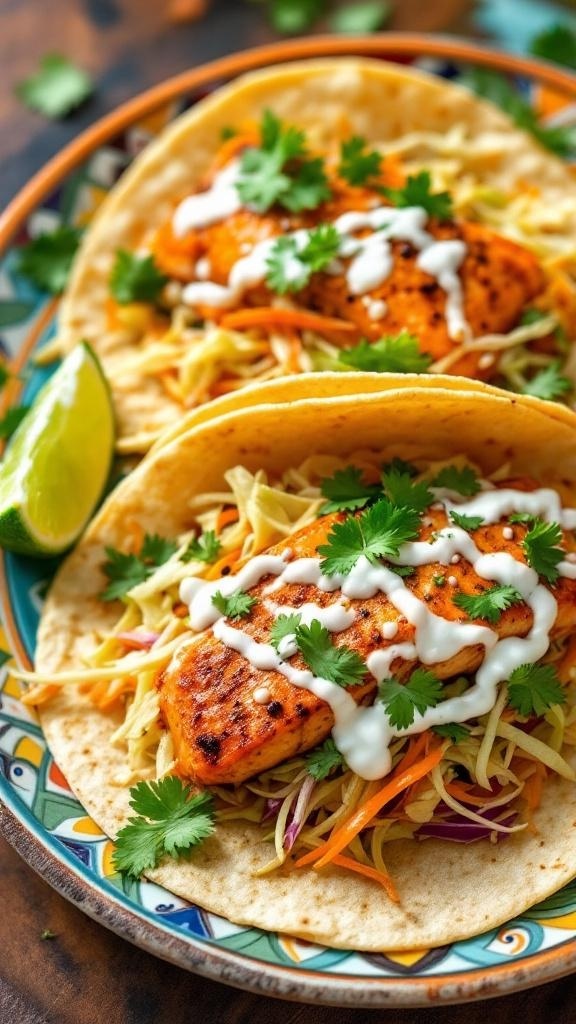 Spicy Cajun salmon tacos with slaw and cilantro on a colorful plate.