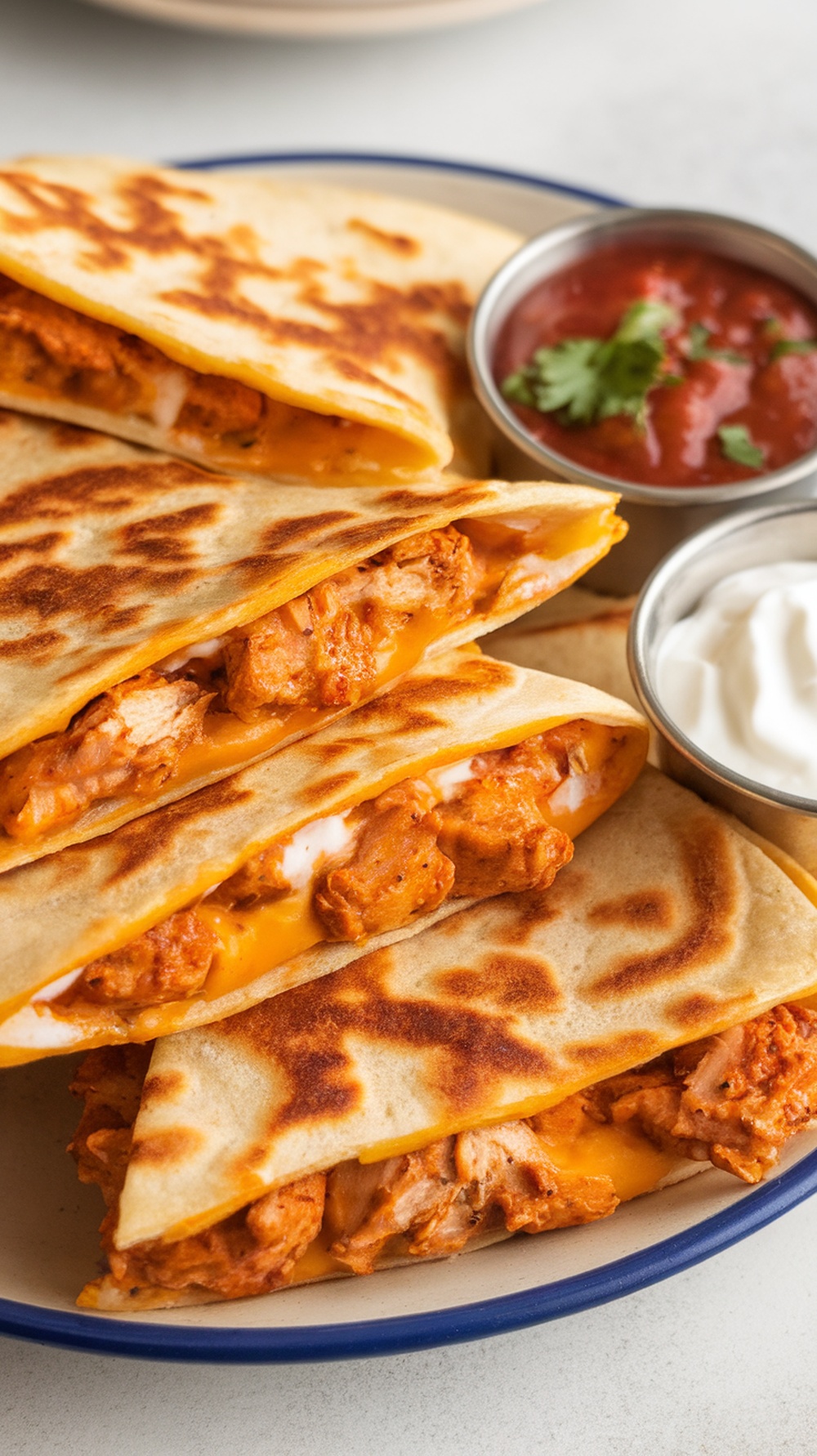 Golden brown spicy chicken quesadillas with cheese, served with salsa and sour cream.
