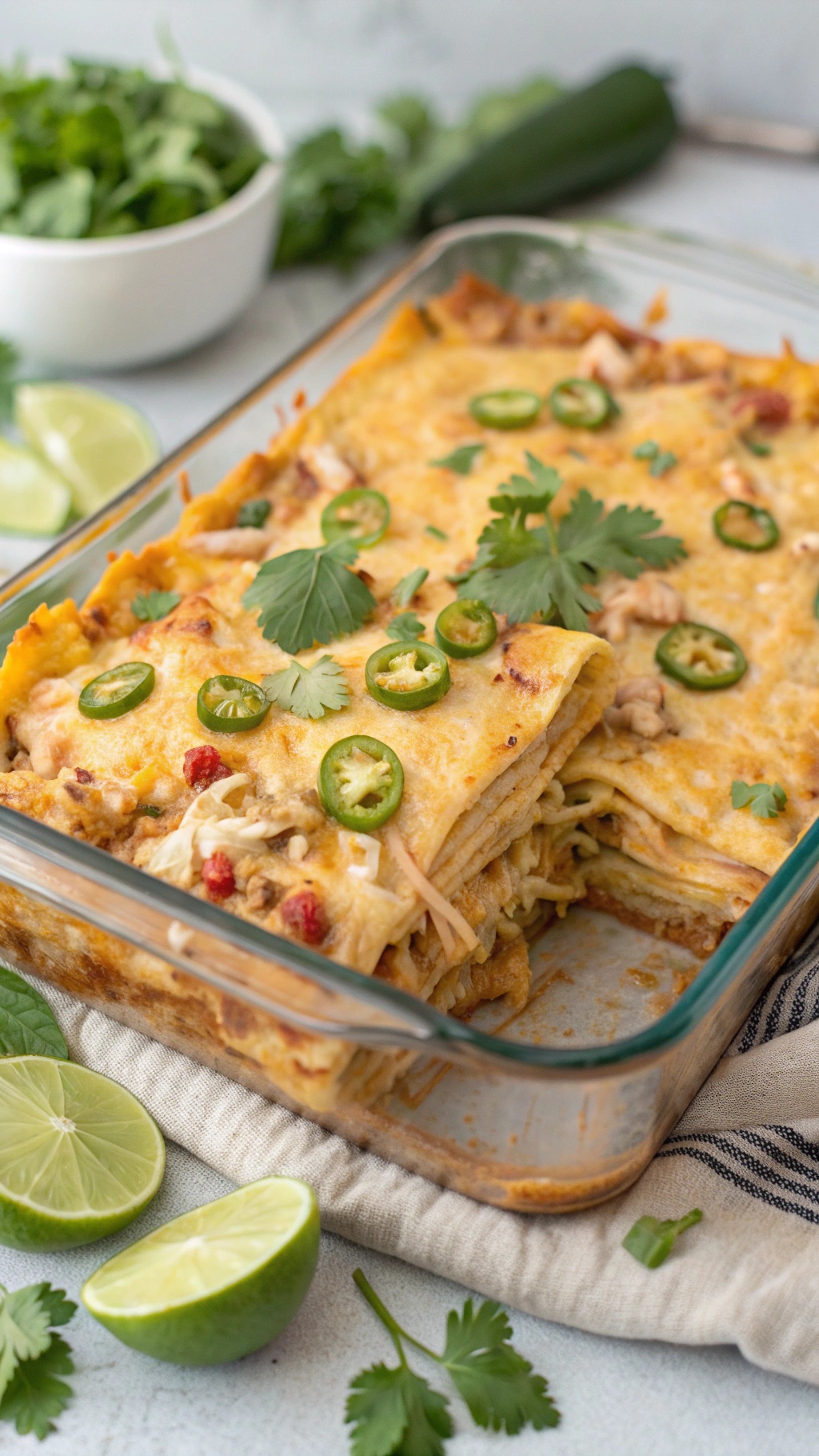 A delicious spicy chicken tortilla casserole topped with cheese and garnished with cilantro and lime.