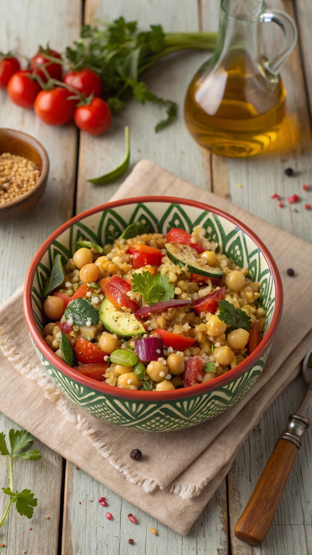 A colorful bowl of spicy chickpea and quinoa salad with fresh vegetables and herbs.
