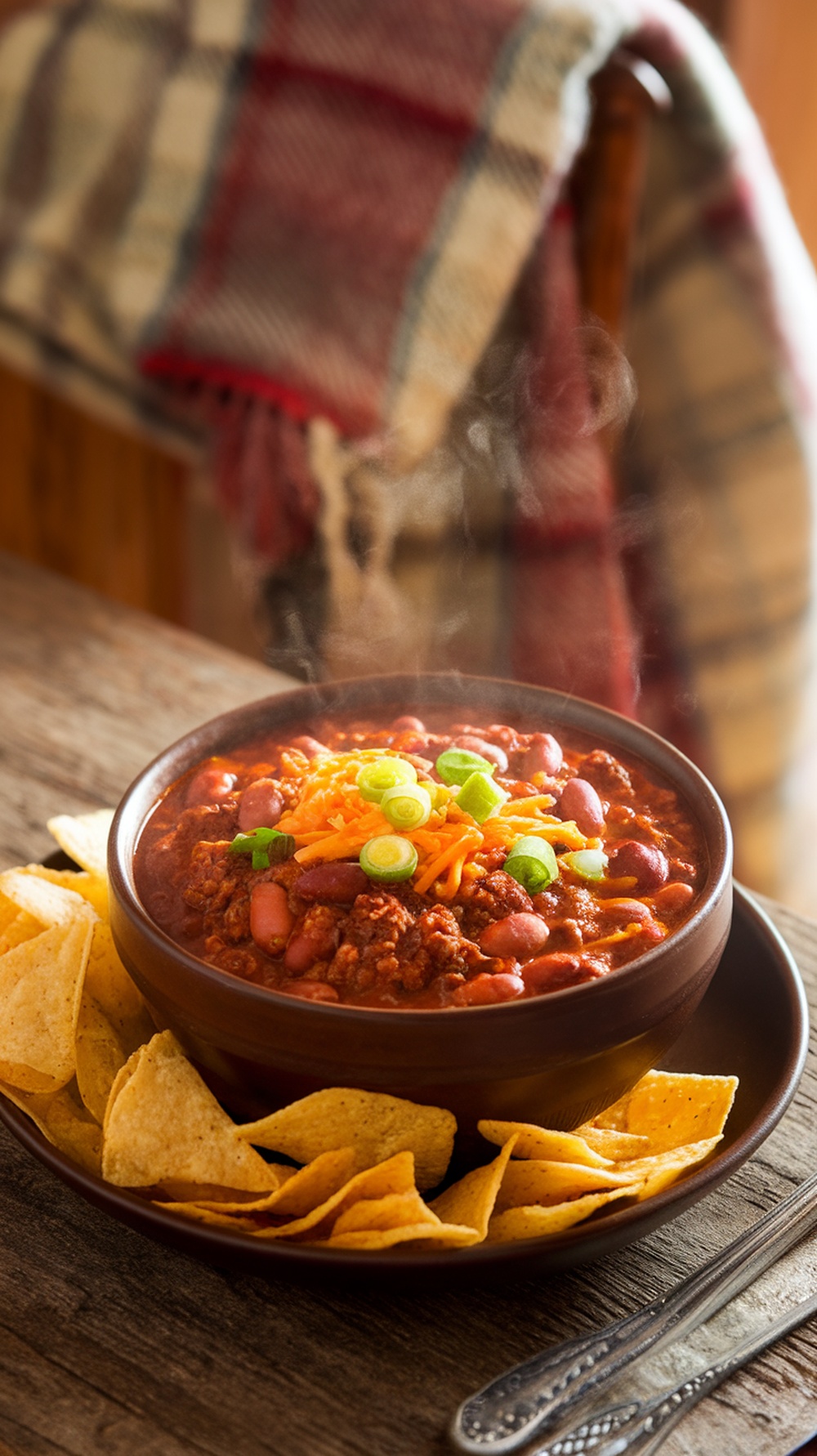 A bowl of spicy chili topped with cheese and green onions, served with tortilla chips.