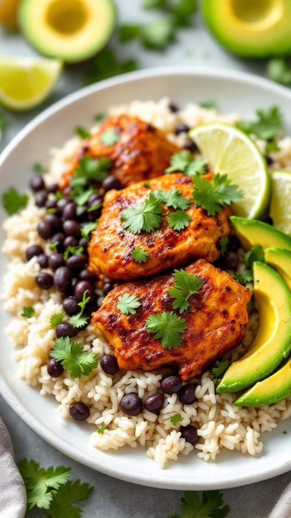 Spicy chipotle chicken thighs served with rice, black beans, avocado, and lime.