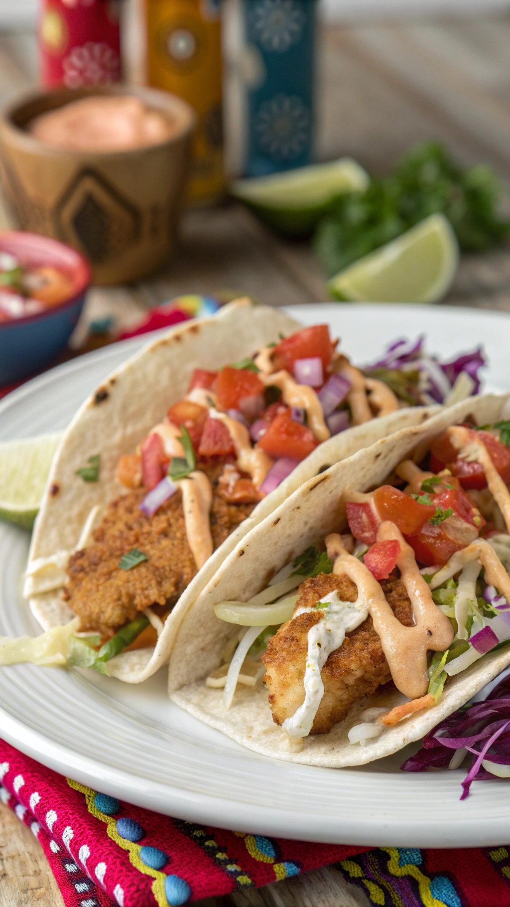 Spicy chipotle fish tacos with creamy sauce, topped with fresh tomatoes and cabbage, served on a plate.