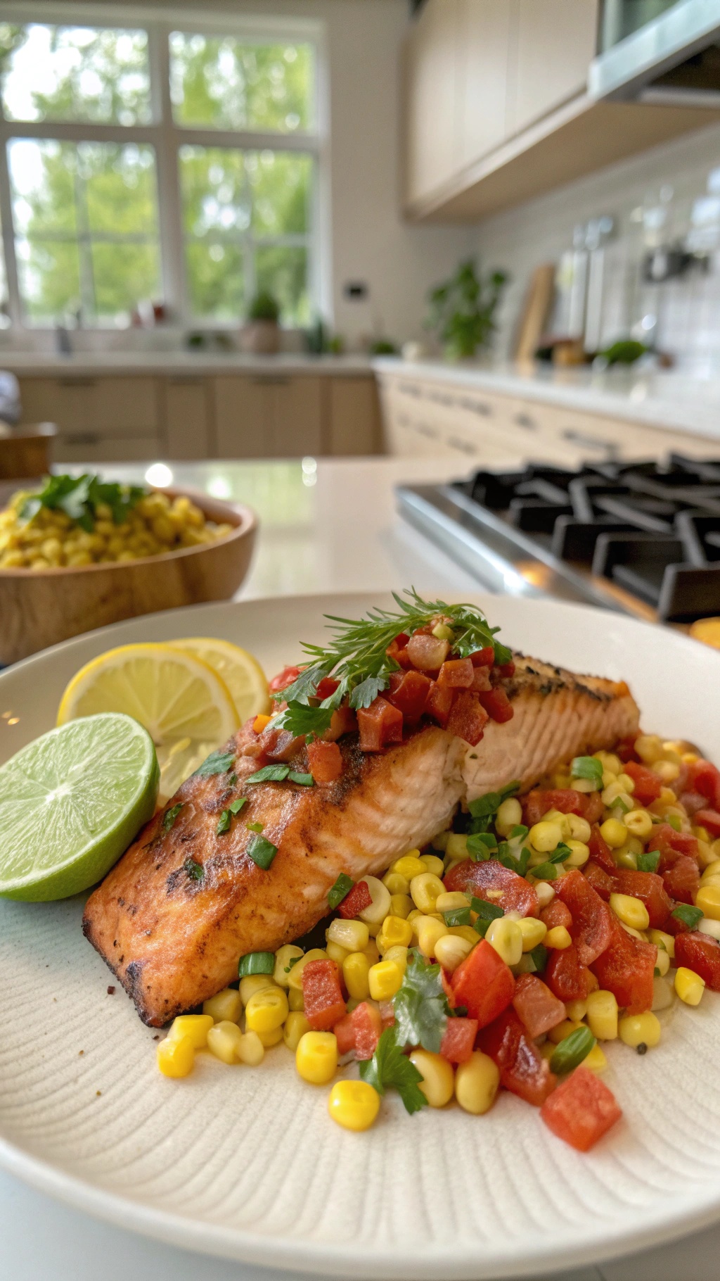 A plate of spicy chipotle salmon topped with corn salsa, served with lime wedges.
