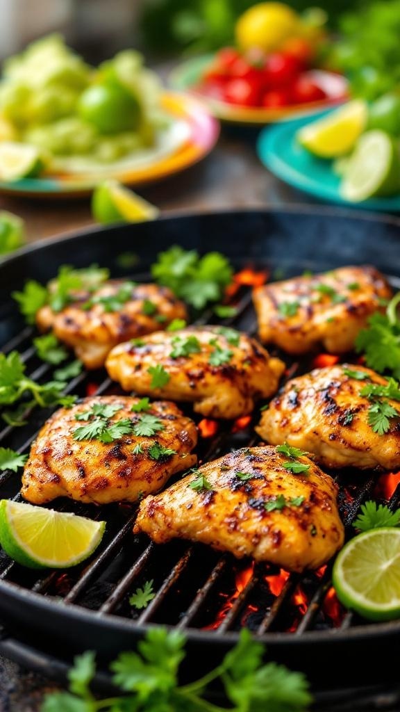 Grilled spicy cilantro-lime chicken thighs on a barbecue grill with lime wedges and fresh cilantro.
