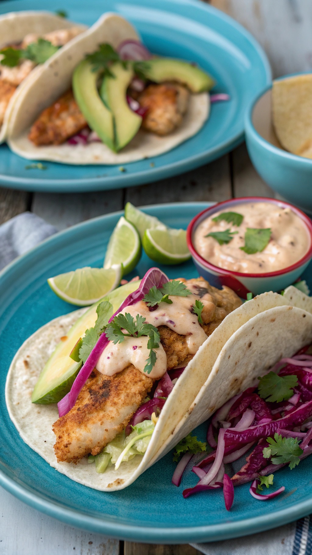 Spicy fish tacos with chipotle cream, avocado, and lime on a blue plate.