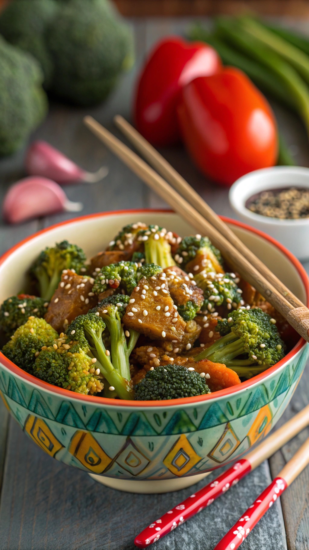 A colorful bowl of spicy garlic broccoli stir-fry with sesame seeds, chopsticks, and fresh vegetables in the background.