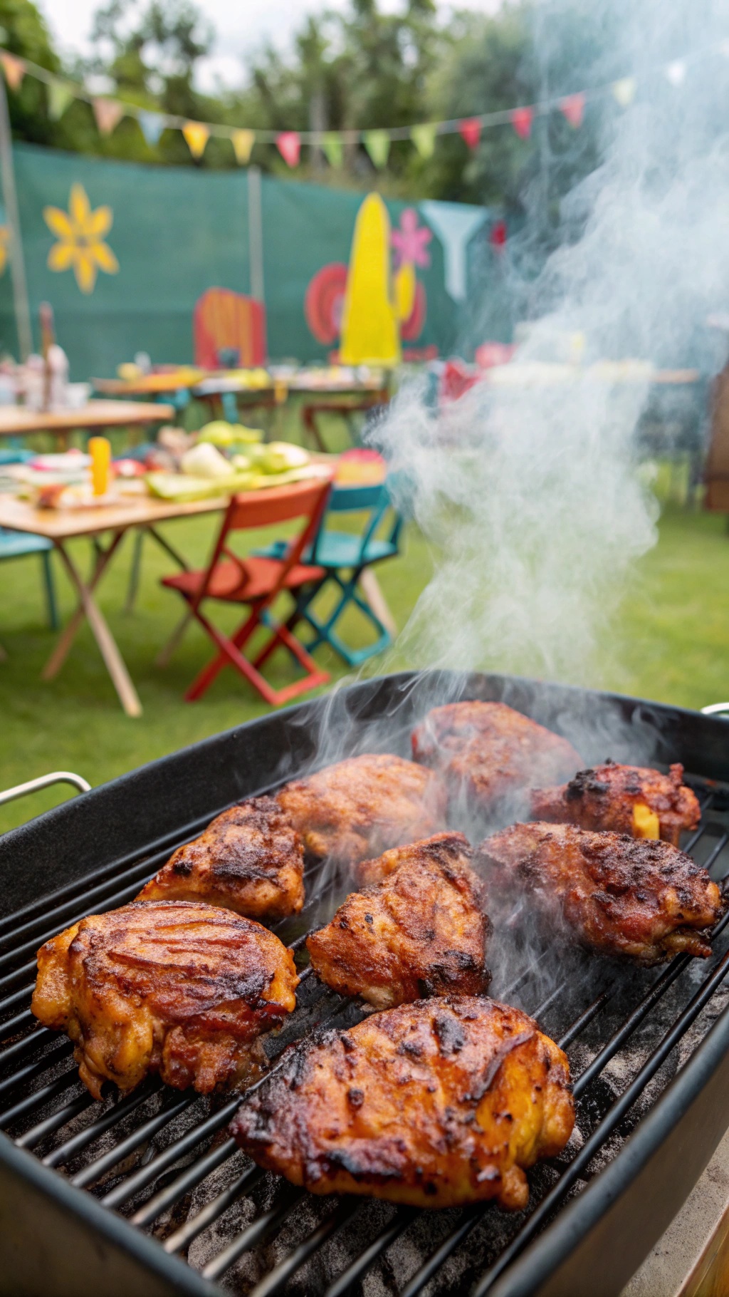 Grilled chicken thighs on a barbecue grill with smoke rising