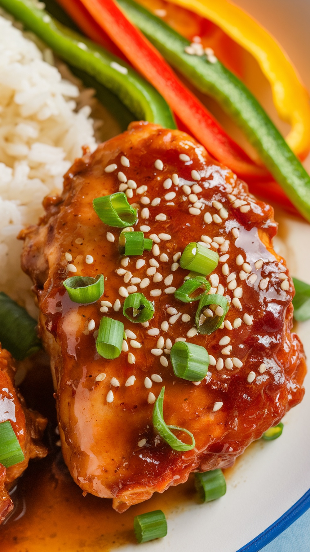 A plate of spicy honey garlic chicken served with rice and colorful bell peppers.