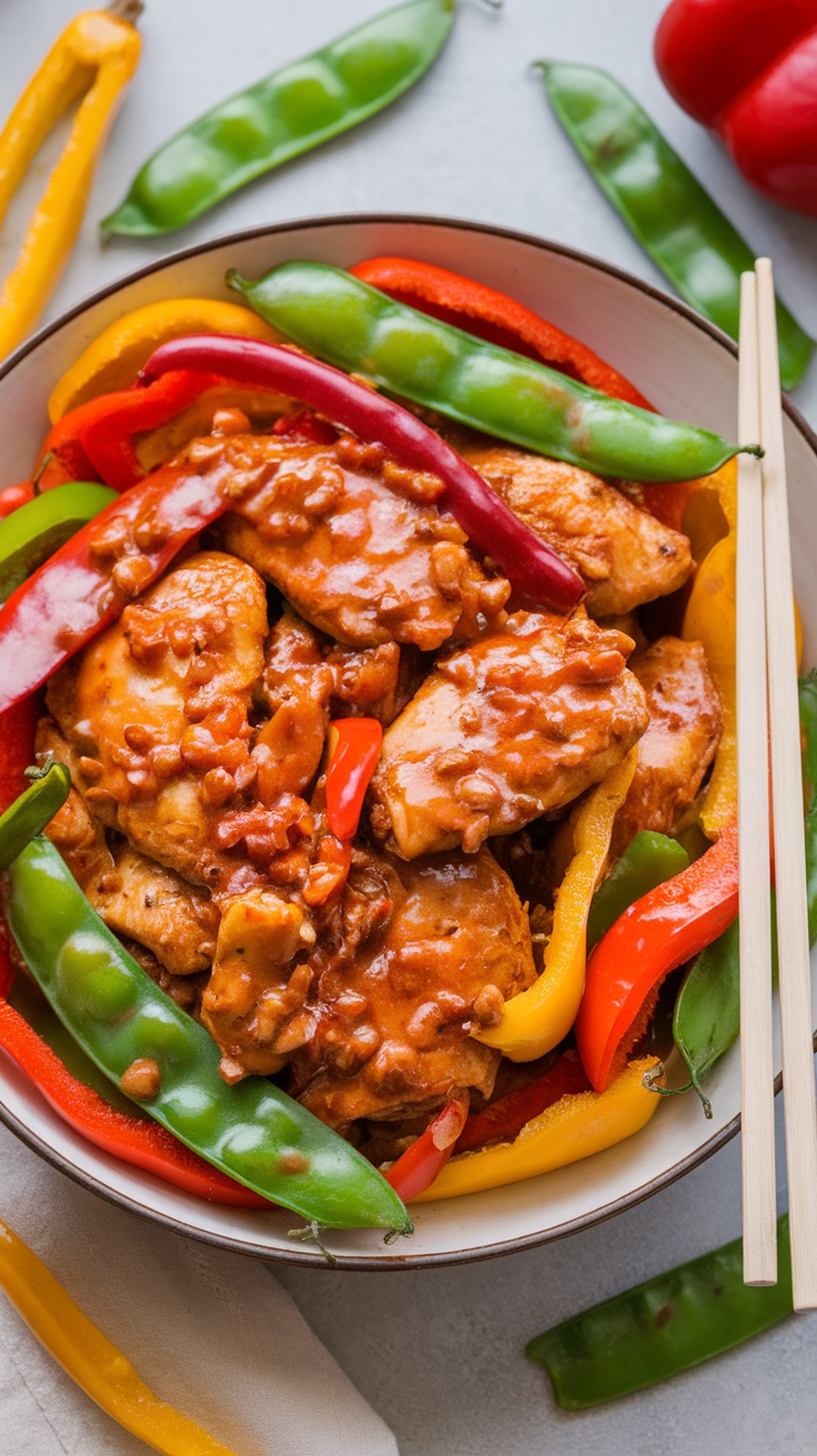 A bowl of spicy honey garlic chicken stir-fry with colorful bell peppers and snap peas.