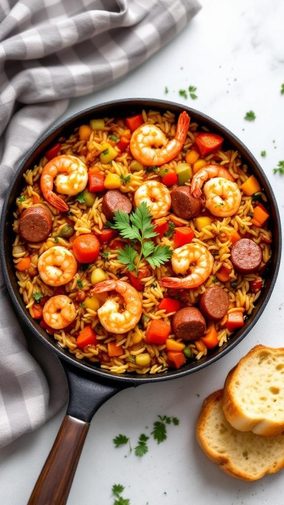 A colorful one-pan jambalaya with shrimp, sausage, and vegetables, served with crusty bread.