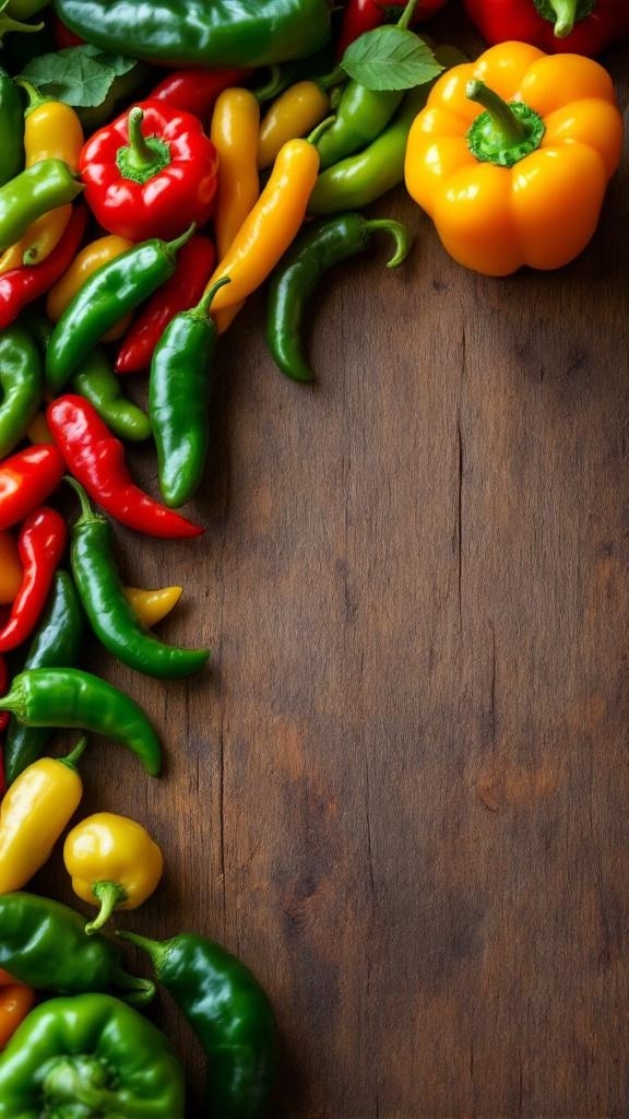 A variety of colorful spicy peppers on a wooden surface.