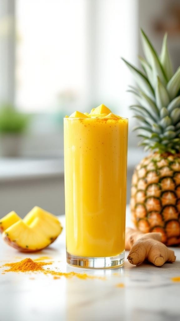 A refreshing Spicy Pineapple and Turmeric Smoothie in a tall glass, garnished with pineapple chunks and surrounded by fresh pineapple and turmeric root.