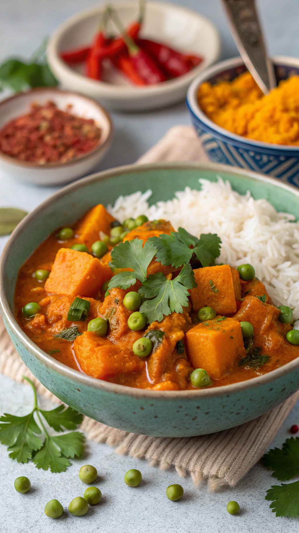 A bowl of spicy pumpkin curry with rice, garnished with cilantro and green peas.