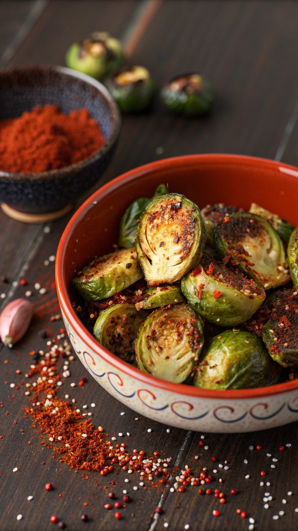 A bowl of spicy roasted Brussels sprouts with red chili flakes and spices on a wooden table.