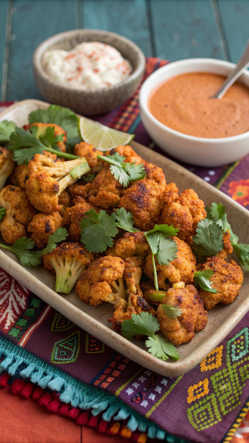 Spicy roasted cauliflower garnished with cilantro on a colorful tablecloth, served with dips