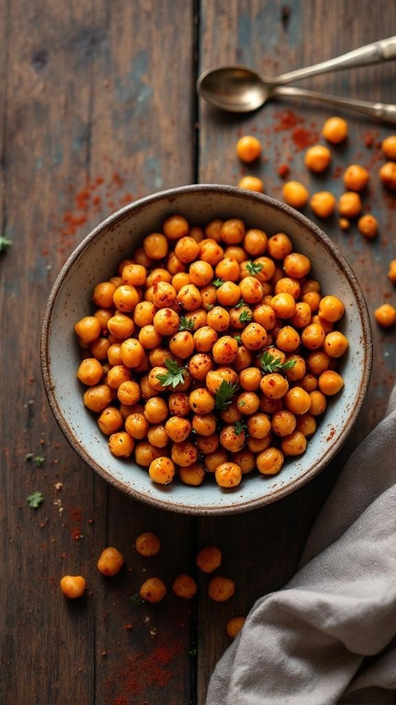 A bowl of spicy roasted chickpeas on a wooden table, garnished with spices.
