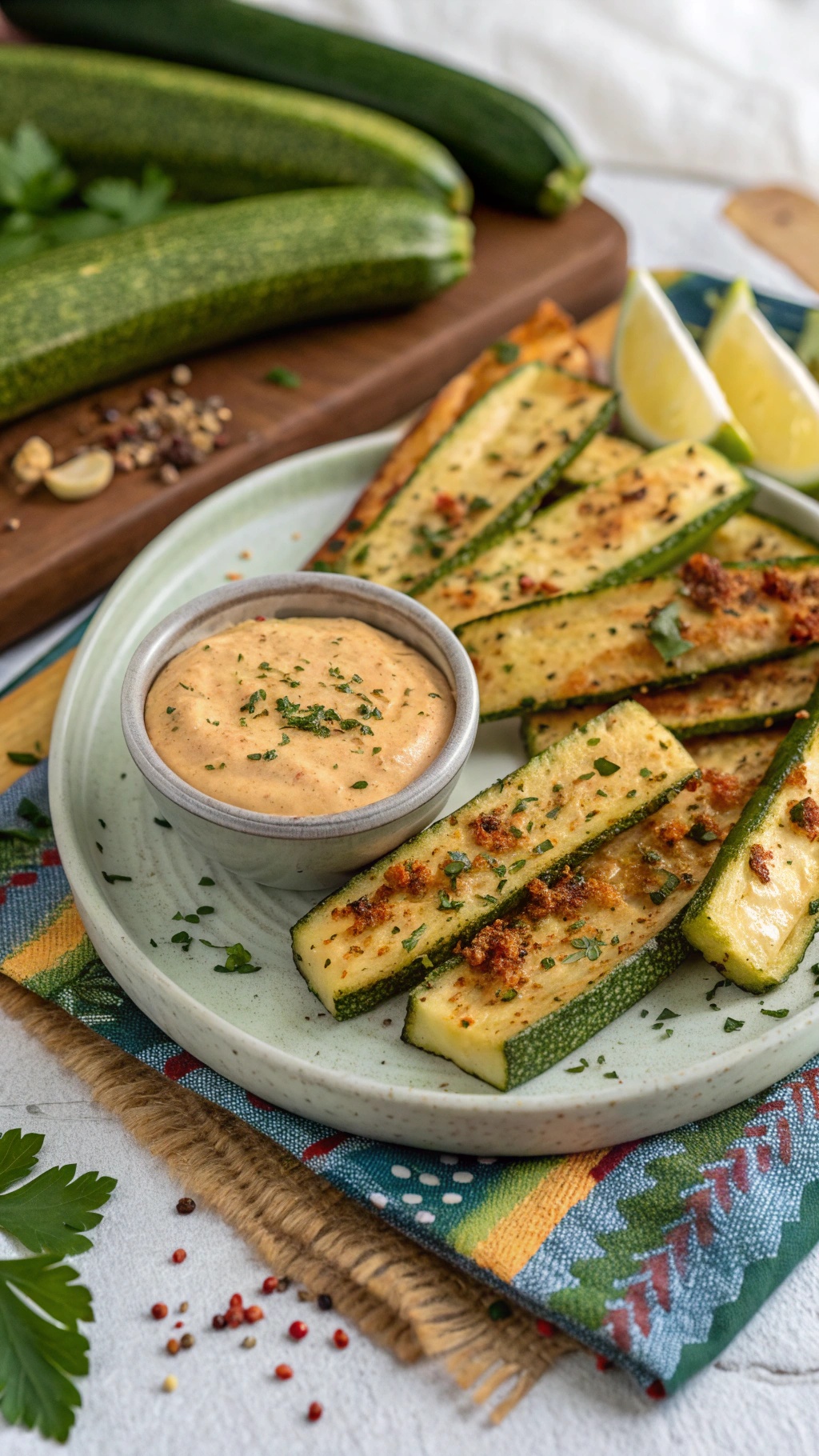 A plate of spicy roasted zucchini wedges served with a creamy dipping sauce.