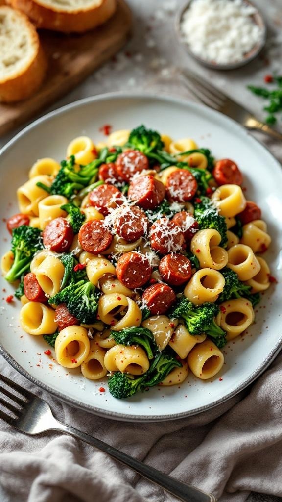 Plate of spicy sausage and broccoli pasta with grated cheese on top