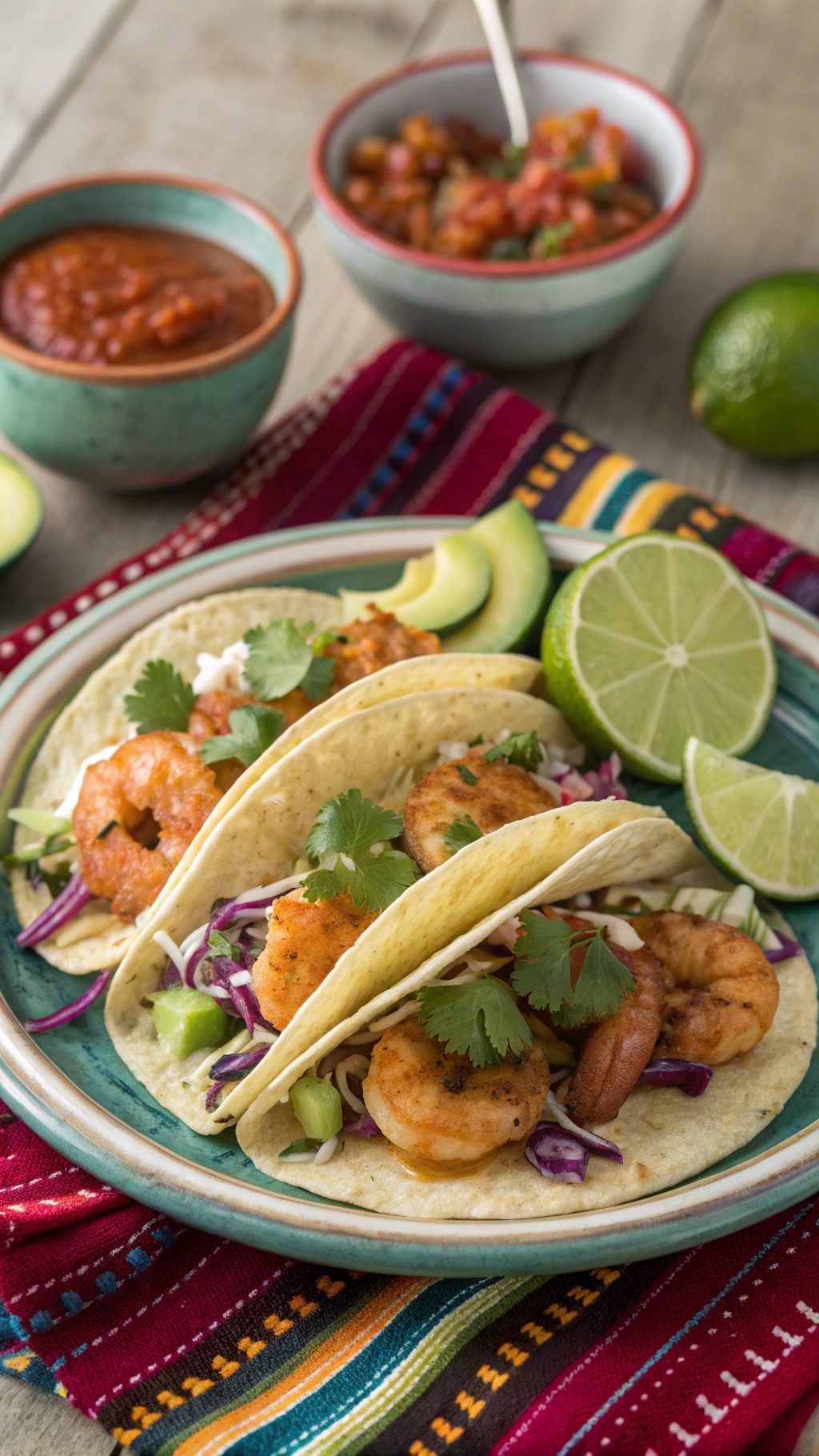 Spicy shrimp tacos with cabbage, cilantro, and lime on a colorful plate.
