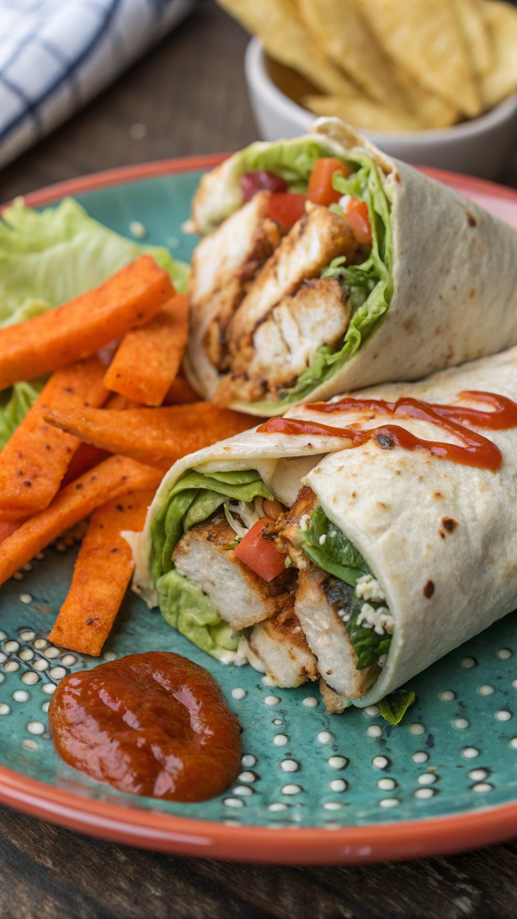 Spicy Sriracha chicken wraps with sweet potato fries on a colorful plate.