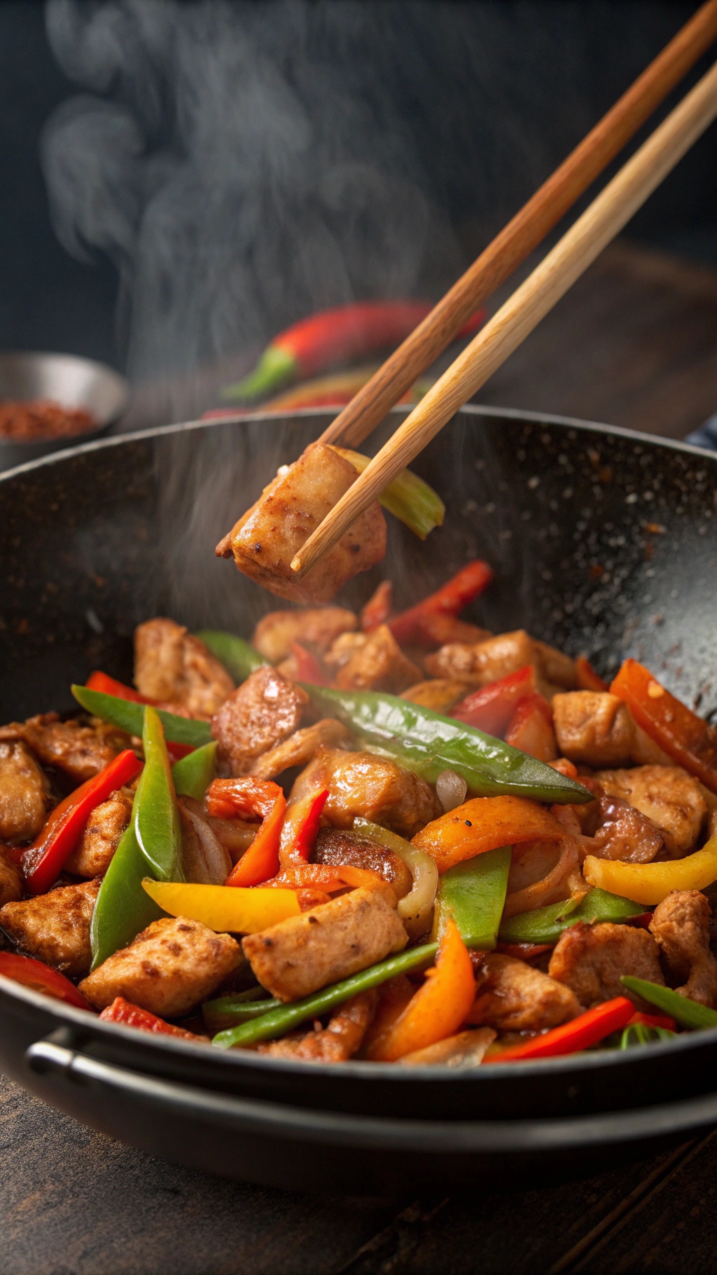 A colorful spicy Sriracha teriyaki chicken stir-fry in a wok with chopsticks