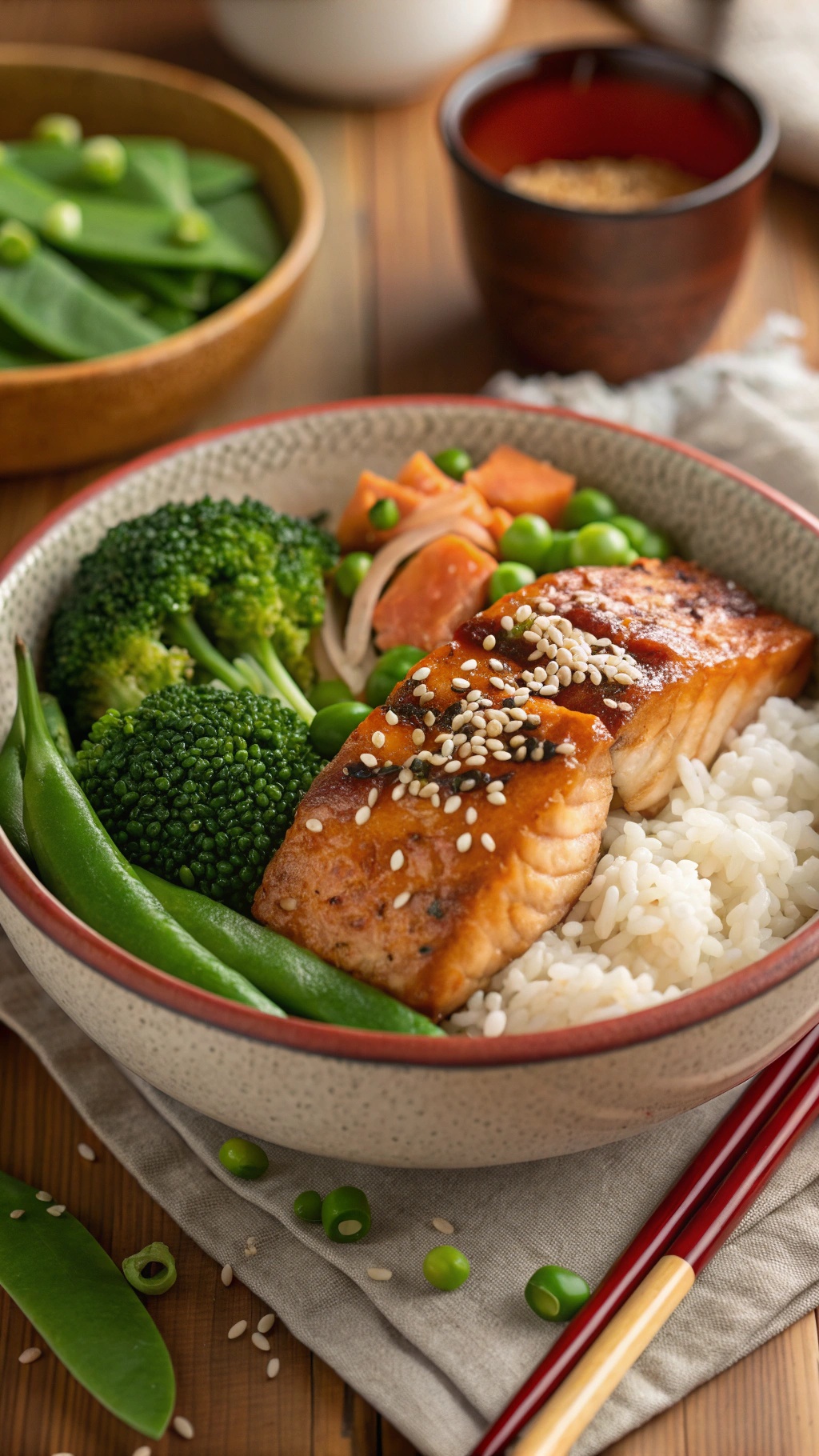 A delicious bowl of spicy teriyaki salmon with rice and vegetables.