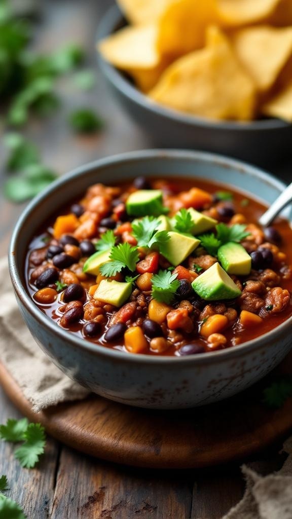 A bowl of spicy turkey and black bean chili topped with avocado and cilantro, served with tortilla chips.