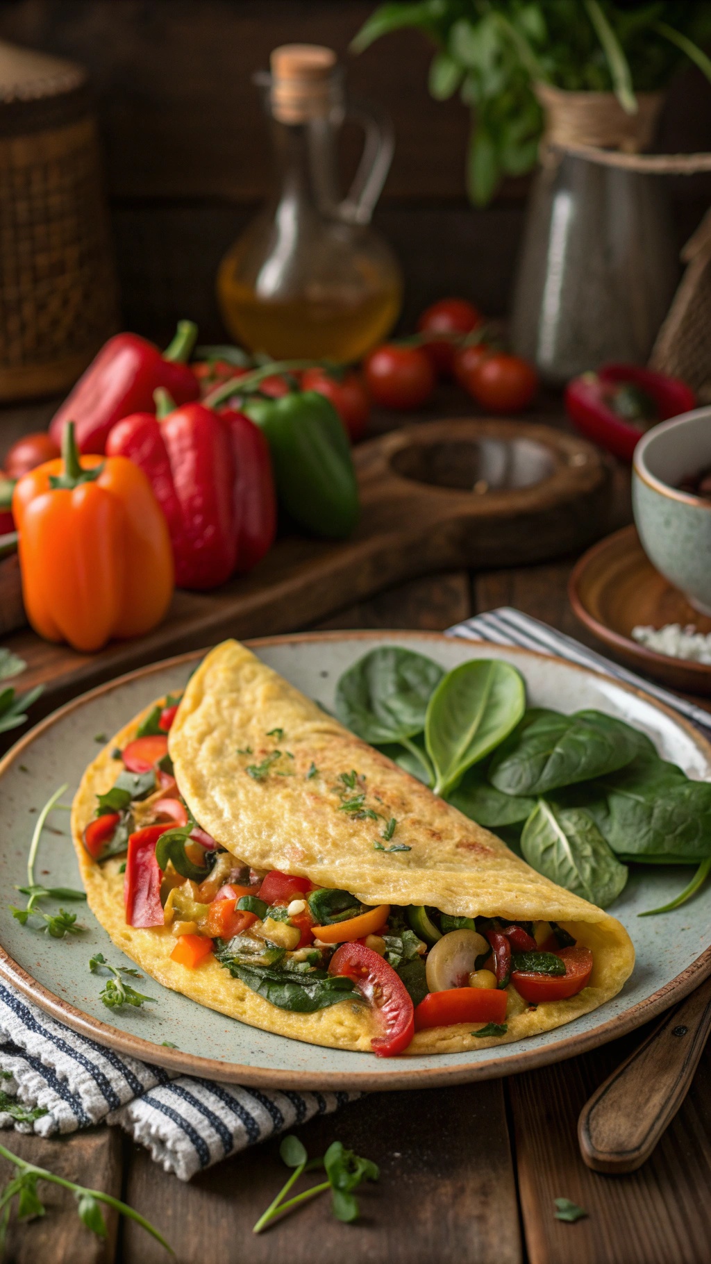 A delicious spicy veggie omelette served on a plate with fresh spinach and colorful bell peppers in the background.