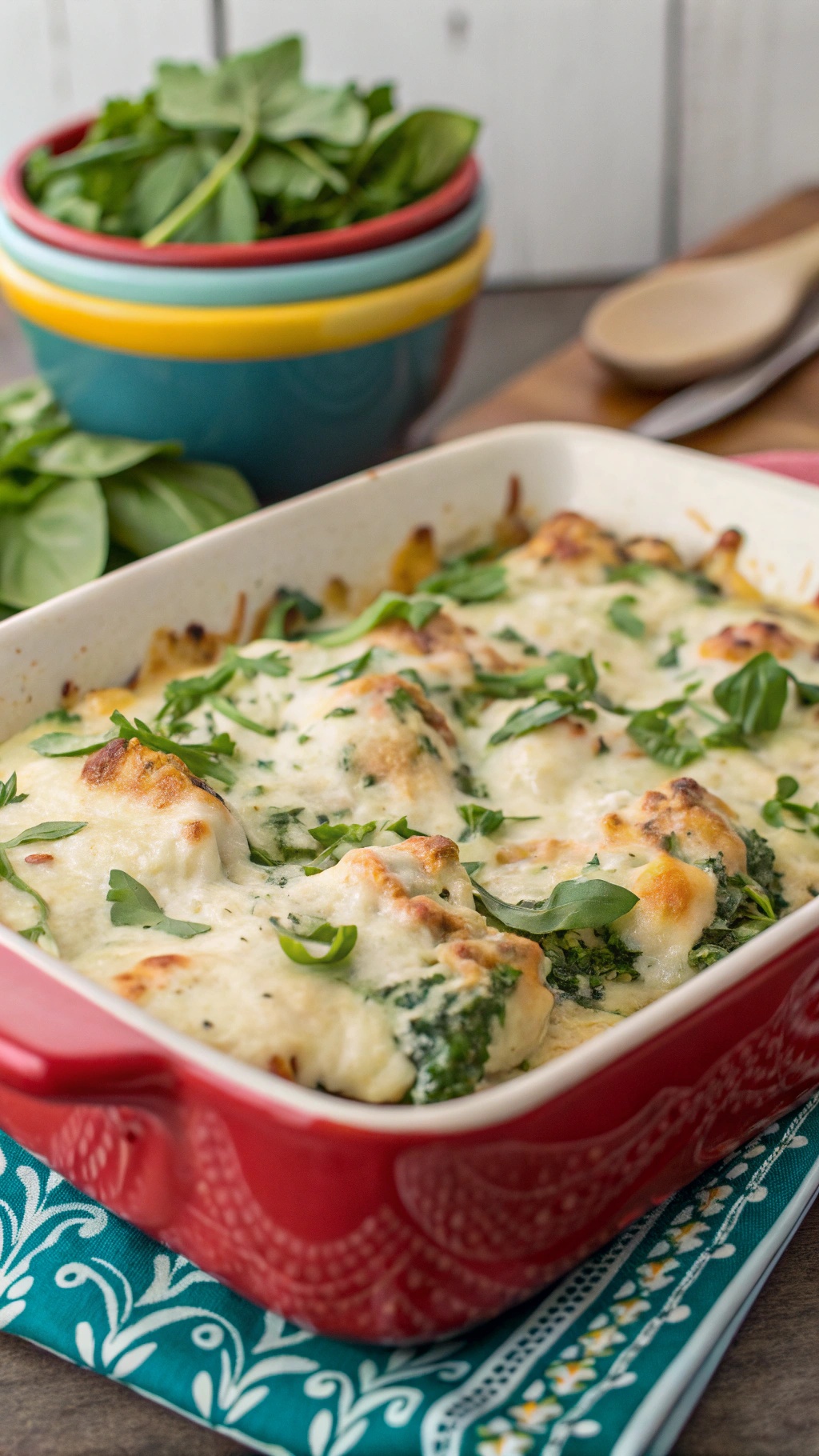 A delicious Spinach and Artichoke Chicken Bake in a red casserole dish, topped with melted cheese and garnished with fresh spinach.