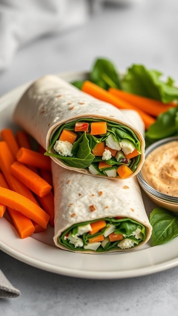 Spinach and feta breakfast wraps with carrot sticks on a plate