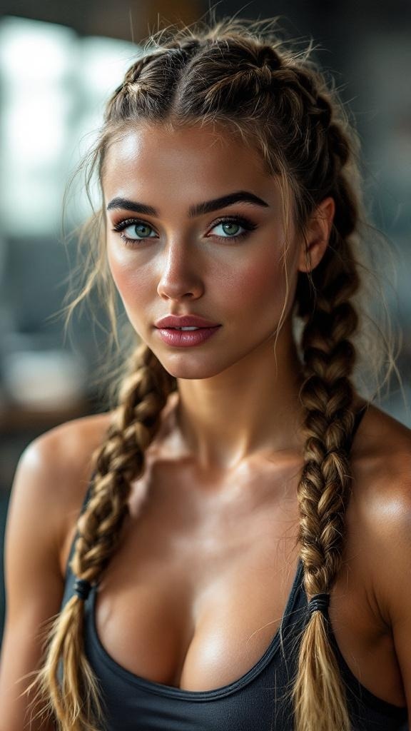 A person with sporty Dutch braids, wearing a black tank top, showcasing a stylish gym look.