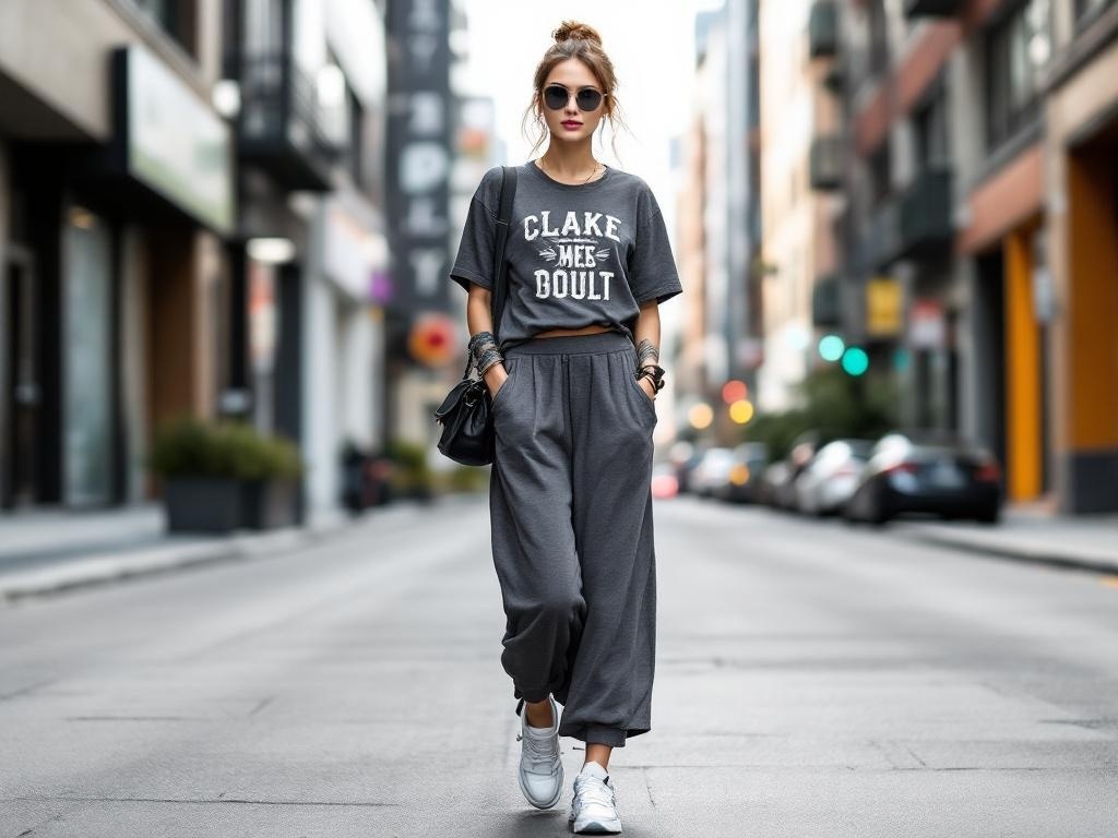 A woman walking on the street wearing a graphic tee and a long jersey skirt with sneakers.